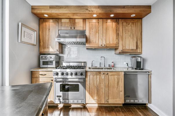 Interior, Kitchen, Recessed Lighting, Stainless Steel Appliances, Wood Texture Flooring