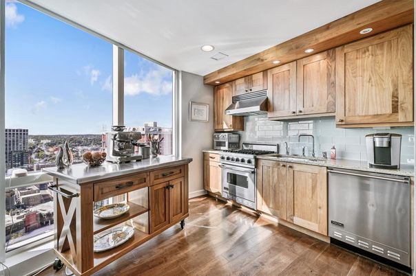 Interior, Kitchen, Recessed Lighting, Stainless Steel Appliances, Wood Texture Flooring