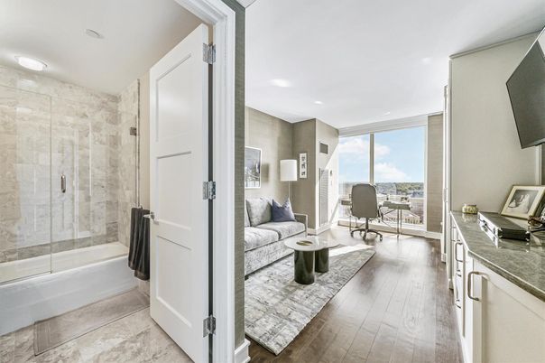 Bathroom, Glass Shower, Interior, Recessed Lighting, Wood Texture Flooring