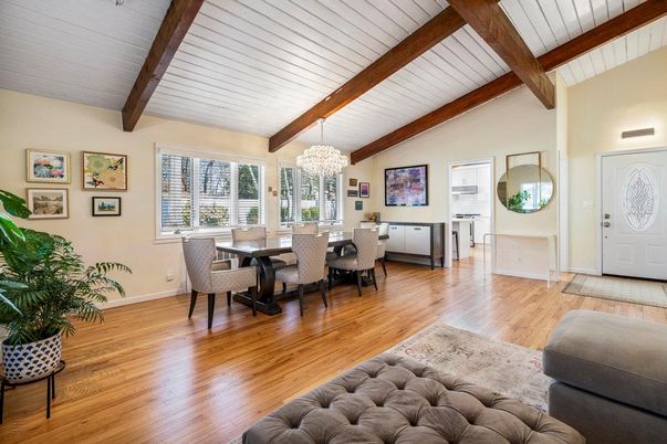 Chandelier, Dining room, Interior, Wooden Beams, Wood Texture Flooring