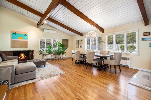 Chandelier, Dining room, Fireplace, Interior, Living room, Wooden Beams, Wood Texture Flooring