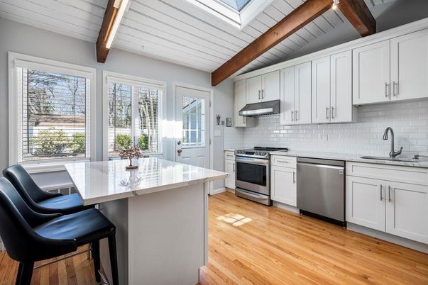Interior, Kitchen, Stainless Steel Appliances, Wooden Beams, Wood Texture Flooring