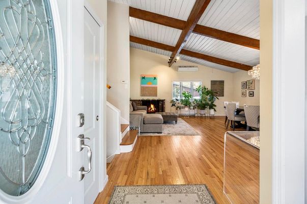 Chandelier, Dining room, Fireplace, Interior, Living room, Wooden Beams, Wood Texture Flooring