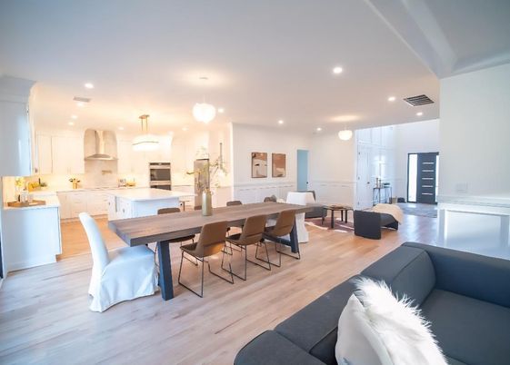 Dining room, Interior, Kitchen, Living room, Pendant Lights, Recessed Lighting, Stainless Steel Appliances, Wood Texture Flooring
