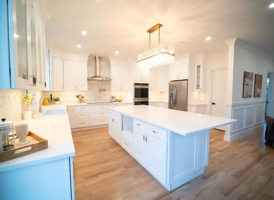 Chandelier, Interior, Kitchen, Pendant Lights, Recessed Lighting, Stainless Steel Appliances, Wood Texture Flooring