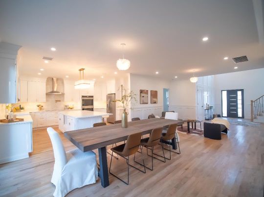 Dining room, Interior, Kitchen, Pendant Lights, Recessed Lighting, Stainless Steel Appliances, Wood Texture Flooring