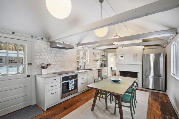 Dining room, Interior, Kitchen, Pendant Lights, Stainless Steel Appliances, Wood Texture Flooring