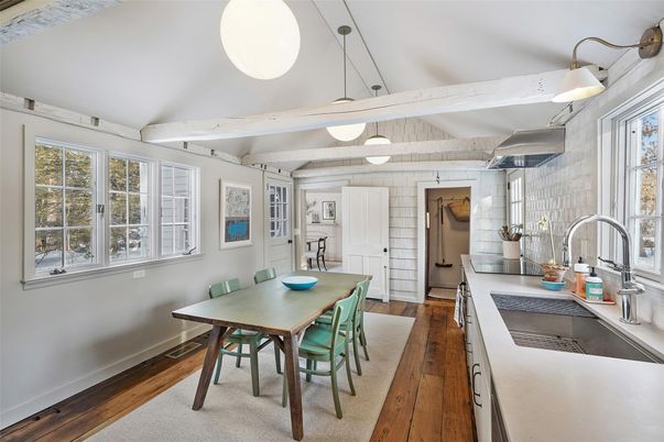 Dining room, Interior, Kitchen, Pendant Lights, Wood Texture Flooring