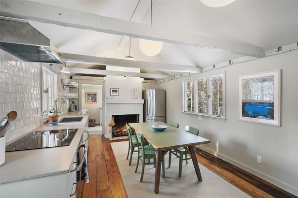 Dining room, Fireplace, Interior, Kitchen, Pendant Lights, Wood Texture Flooring
