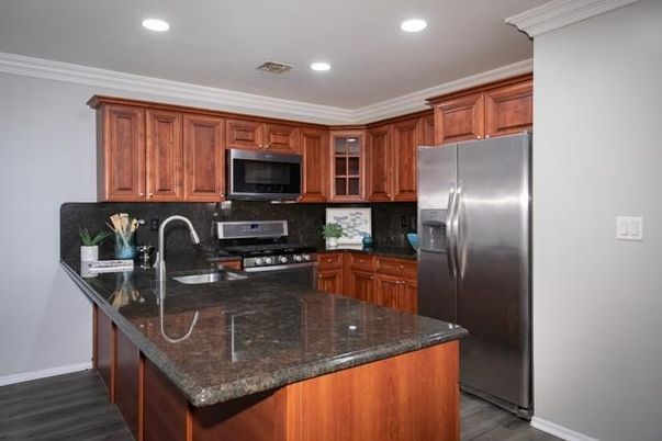 Interior, Kitchen, Recessed Lighting, Stainless Steel Appliances, Wood Texture Flooring