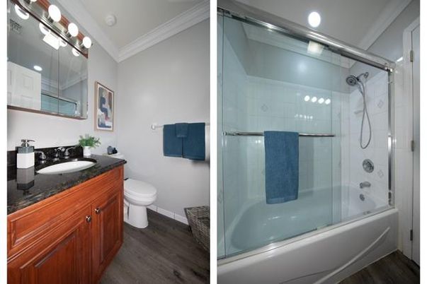 Bathroom, Glass Shower, Interior, Recessed Lighting, Wood Texture Flooring
