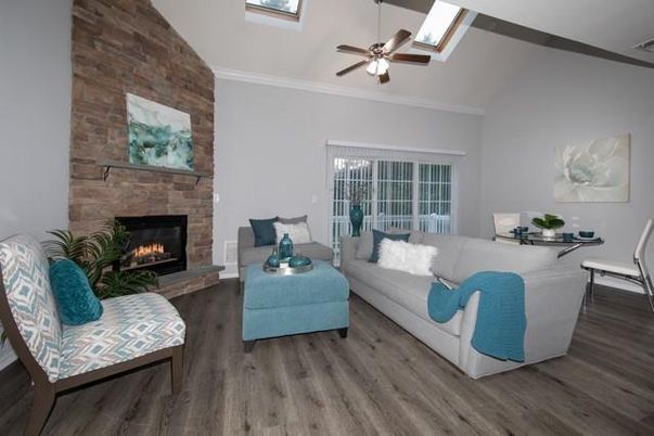 Dining room, Fireplace, Interior, Living room, Stone Walls, Wood Texture Flooring