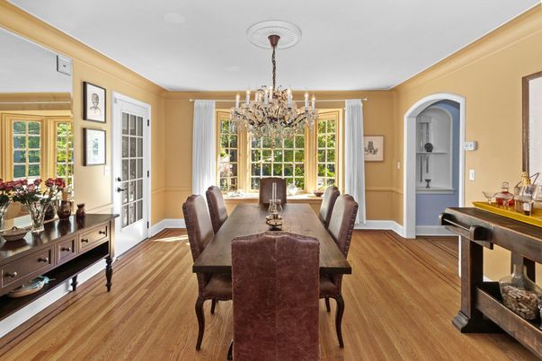 Chandelier, Dining room, Interior, Wood Texture Flooring