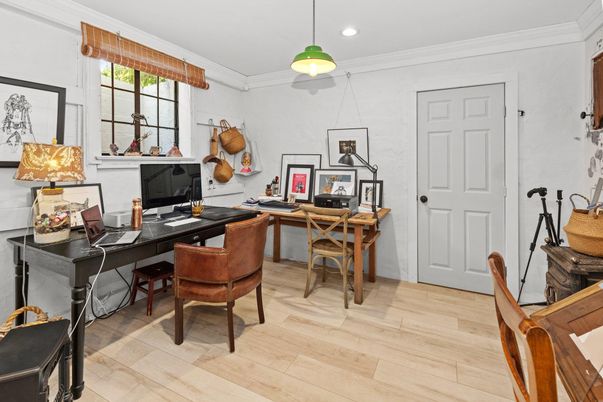 Home Office, Interior, Pendant Lights, Recessed Lighting, Wood Texture Flooring