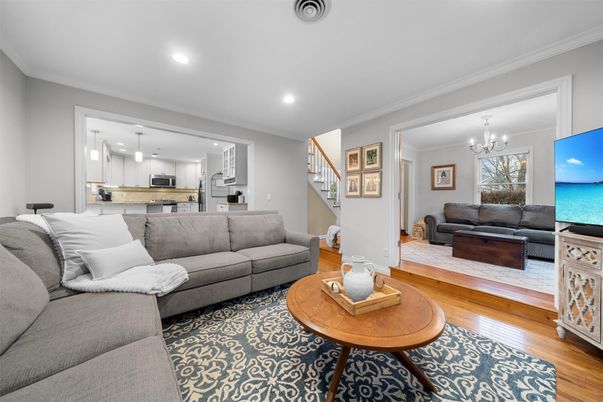 Chandelier, Interior, Kitchen, Living room, Recessed Lighting, Stainless Steel Appliances, Wood Texture Flooring