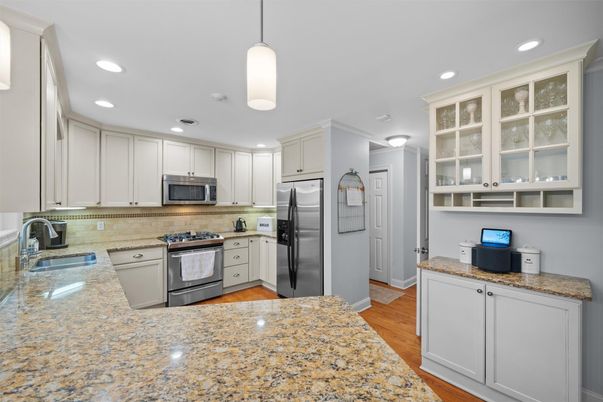 Interior, Kitchen, Pendant Lights, Recessed Lighting, Stainless Steel Appliances, Wood Texture Flooring