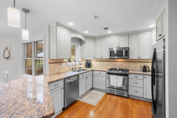 Interior, Kitchen, Pendant Lights, Recessed Lighting, Stainless Steel Appliances, Wood Texture Flooring