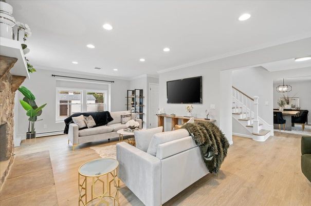 Dining room, Fireplace, Interior, Living room, Pendant Lights, Recessed Lighting, Wood Texture Flooring