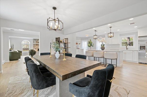 Dining room, Interior, Kitchen, Pendant Lights, Recessed Lighting, Stainless Steel Appliances, Wood Texture Flooring