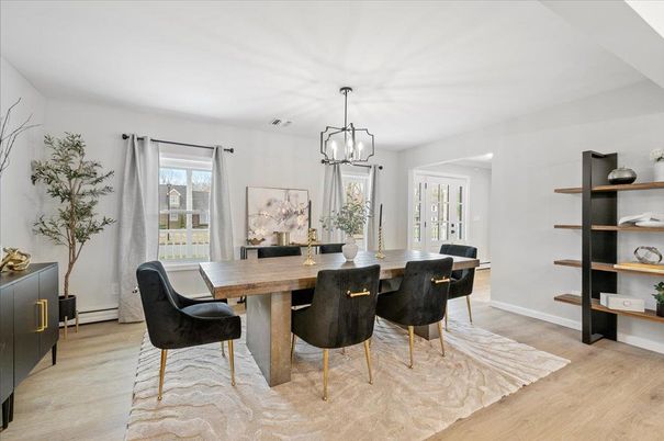 Dining room, Interior, Pendant Lights, Wood Texture Flooring