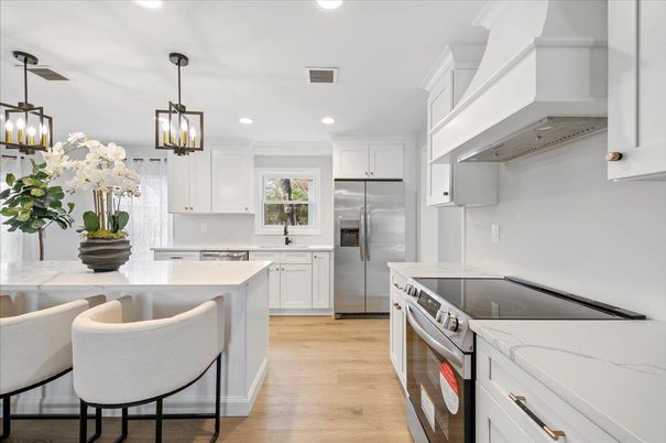 Interior, Kitchen, Pendant Lights, Recessed Lighting, Stainless Steel Appliances, Wood Texture Flooring