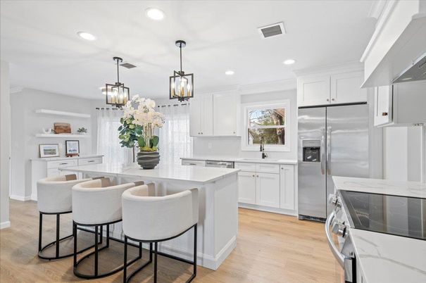Interior, Kitchen, Pendant Lights, Recessed Lighting, Stainless Steel Appliances, Wood Texture Flooring