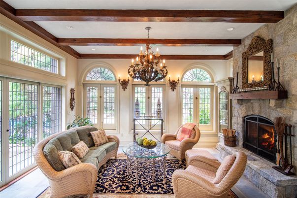Chandelier, Fireplace, Interior, Living room, Recessed Lighting, Wooden Beams
