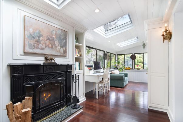 Fireplace, Home Office, Interior, Recessed Lighting, Wood Texture Flooring
