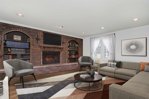 Fireplace, Interior, Living room, Recessed Lighting, Stone Walls, Wood Texture Flooring