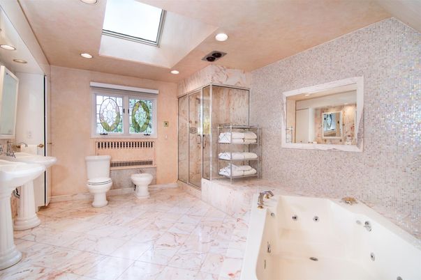 Bathroom, Glass Shower, Interior, Marble, Marble Walls, Recessed Lighting