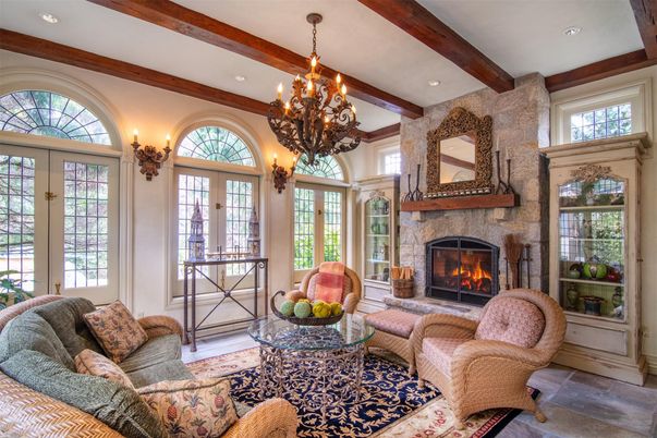 Chandelier, Fireplace, Interior, Living room, Recessed Lighting, Wooden Beams