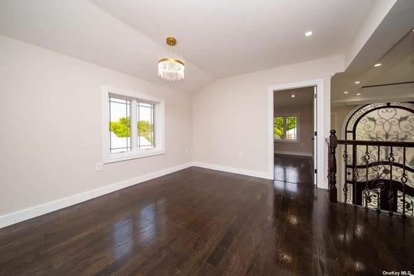 Chandelier, Empty room, Interior, Recessed Lighting, Wood Texture Flooring