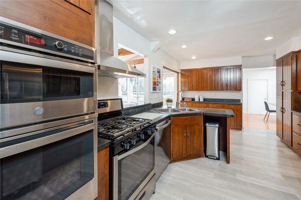 Interior, Kitchen, Recessed Lighting, Stainless Steel Appliances, Wood Texture Flooring