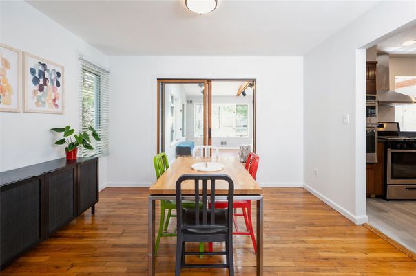 Dining room, Interior, Kitchen, Stainless Steel Appliances, Wood Texture Flooring