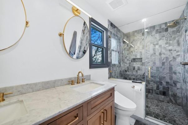 Bathroom, Dual Sink Vanities, Glass Shower, Interior, Marble Walls