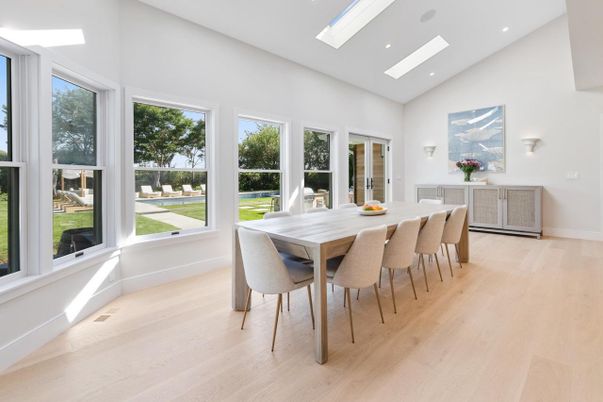 Dining room, Interior, Recessed Lighting, Wood Texture Flooring
