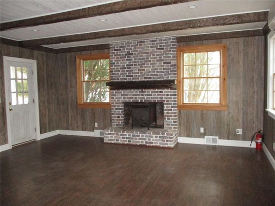 Empty room, Fireplace, Interior, Recessed Lighting, Stone Walls, Wooden Beams, Wood Texture Flooring, Wooden Walls
