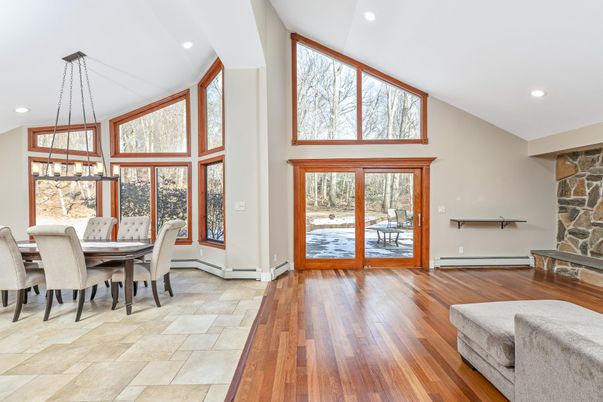 Dining room, Fireplace, Interior, Pendant Lights, Recessed Lighting, Wood Texture Flooring
