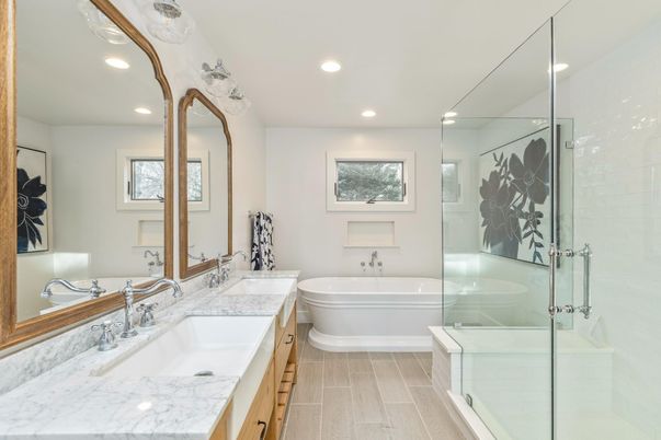 Bathroom, Dual Sink Vanities, Glass Shower, Interior, Recessed Lighting, Wood Texture Flooring