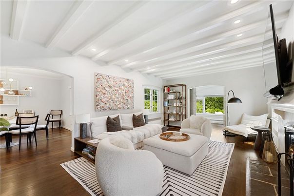 Dining room, Fireplace, Interior, Living room, Pendant Lights, Recessed Lighting, Wood Texture Flooring