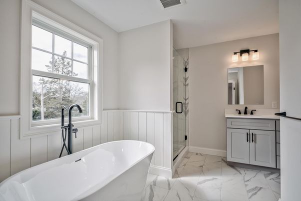 Bathroom, Dual Sink Vanities, Free Standing Baths, Glass Shower, Interior, Marble, Marble Walls