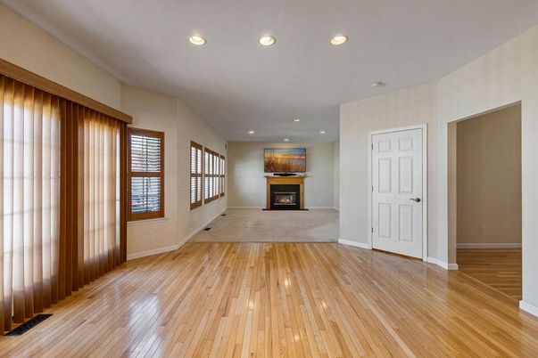 Empty room, Fireplace, Interior, Recessed Lighting, Wood Texture Flooring