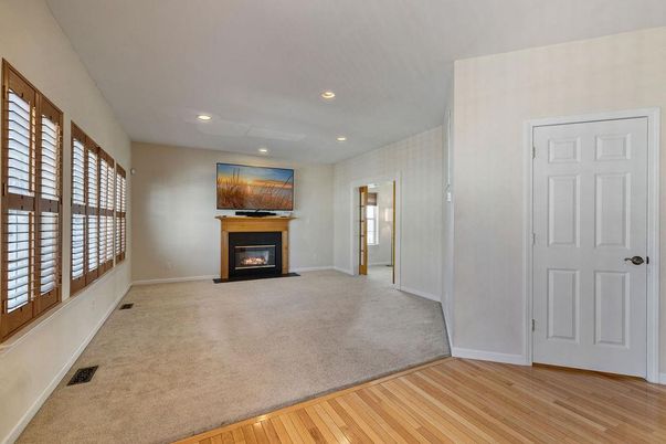 Empty room, Fireplace, Interior, Recessed Lighting, Wood Texture Flooring