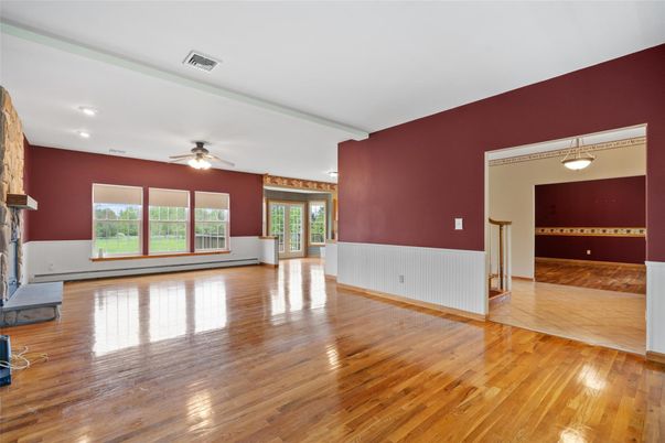 Empty room, Fireplace, Interior, Recessed Lighting, Wood Texture Flooring