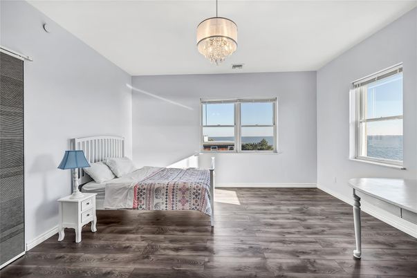 Bedroom, Chandelier, Interior, Water, Wood Texture Flooring