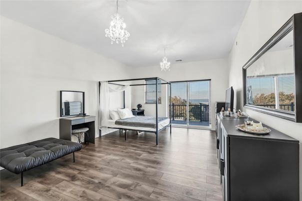 Bedroom, Chandelier, Interior, Wood Texture Flooring