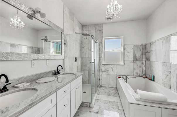 Bathroom, Dual Sink Vanities, Glass Shower, Interior, Marble, Marble Walls
