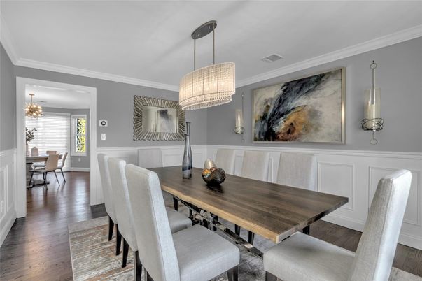 Chandelier, Dining room, Interior, Wood Texture Flooring