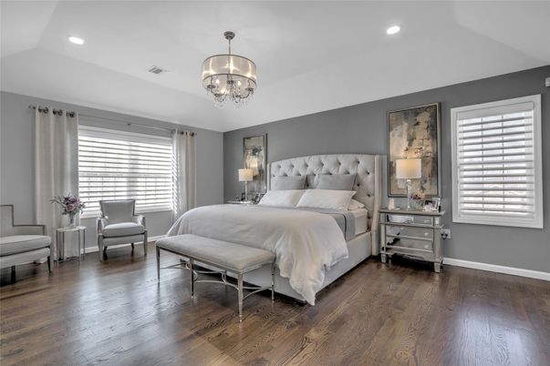 Bedroom, Chandelier, Interior, Recessed Lighting, Wood Texture Flooring