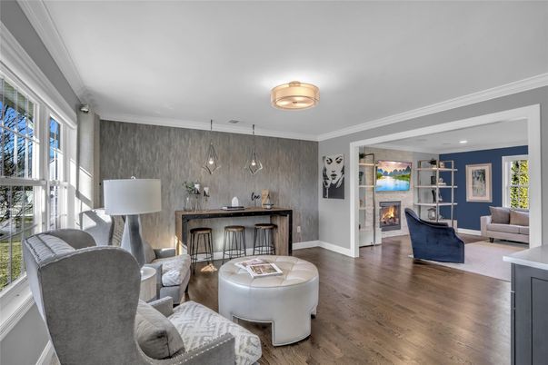 Fireplace, Interior, Living room, Pendant Lights, Recessed Lighting, Wood Texture Flooring